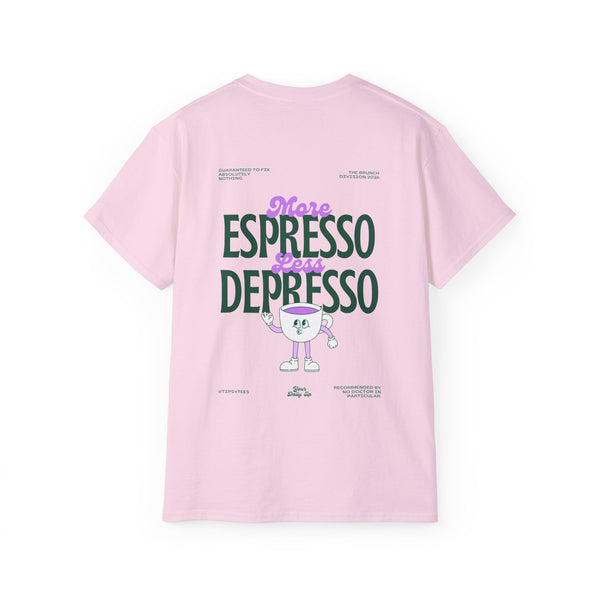 MORE ESPRESSO LESS DEPRESSO oversized graphic tee in Light Pink with back print