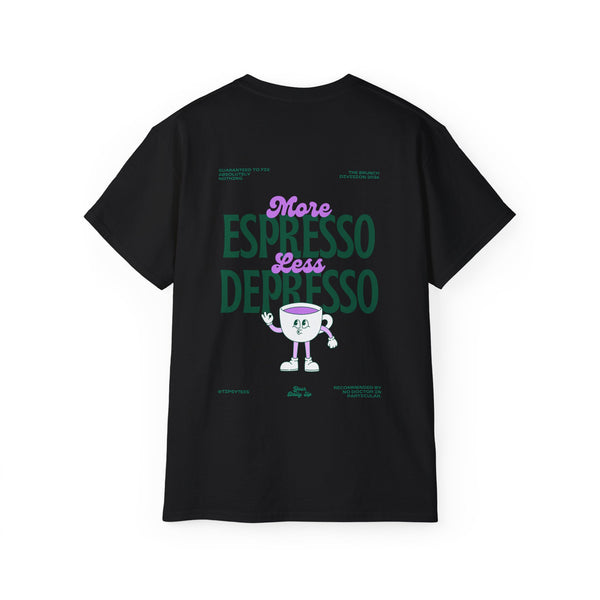 MORE ESPRESSO LESS DEPRESSO oversized graphic tee in Black with back print