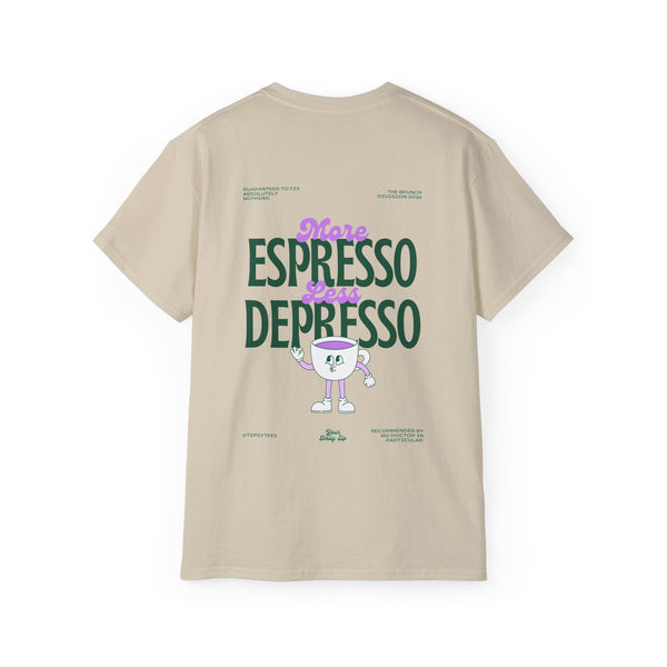 MORE ESPRESSO LESS DEPRESSO oversized graphic tee in Sand with back print