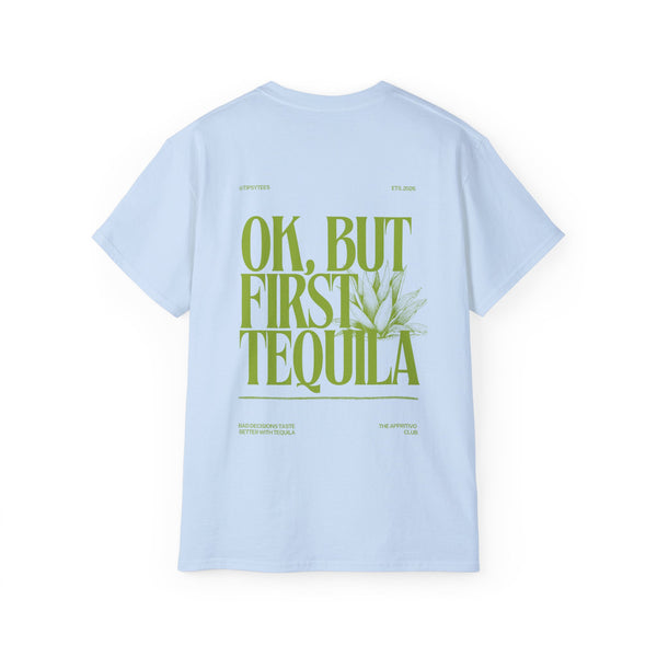 FIRST TEQUILA oversized graphic tee in Light Blue with back print