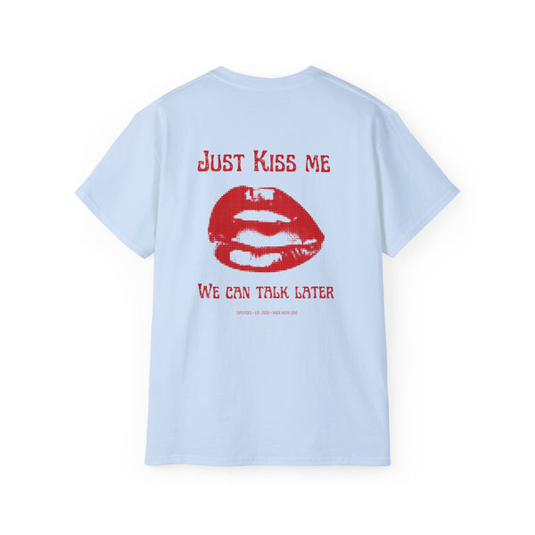 JUST KISS ME oversized graphic tee in Light Blue with back print