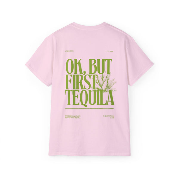 FIRST TEQUILA oversized graphic tee in Light Pink with back print