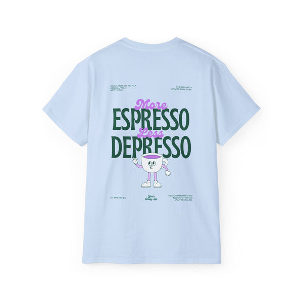 MORE ESPRESSO LESS DEPRESSO oversized graphic tee in Light Blue with back print
