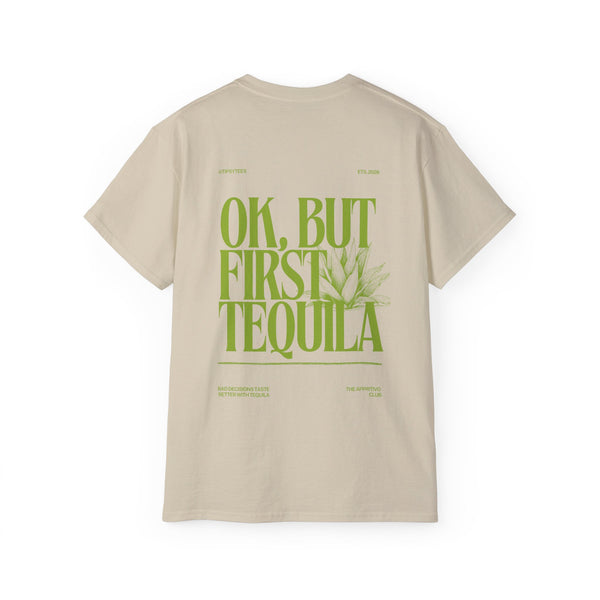 FIRST TEQUILA oversized graphic tee in Sand with back print