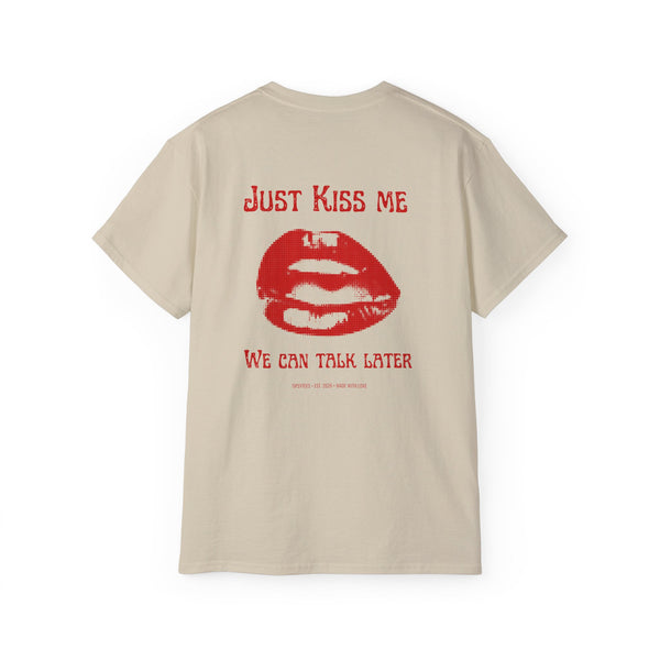 JUST KISS ME oversized graphic tee in Sand with back print