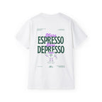 MORE ESPRESSO LESS DEPRESSO oversized graphic tee in White with back print