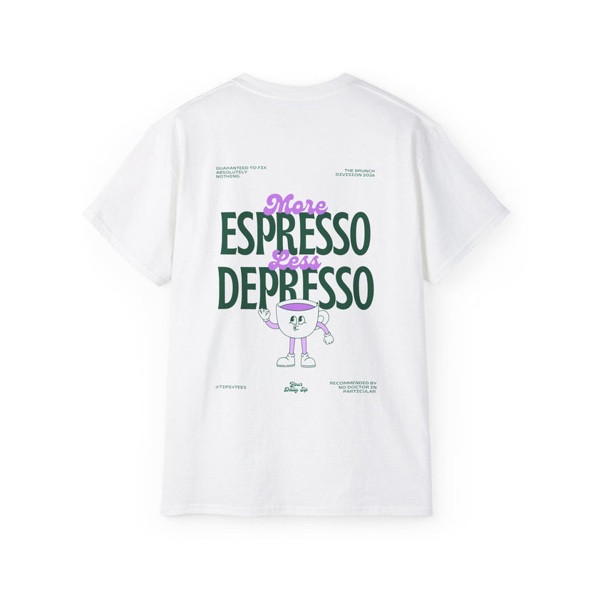 MORE ESPRESSO LESS DEPRESSO oversized graphic tee in White with back print