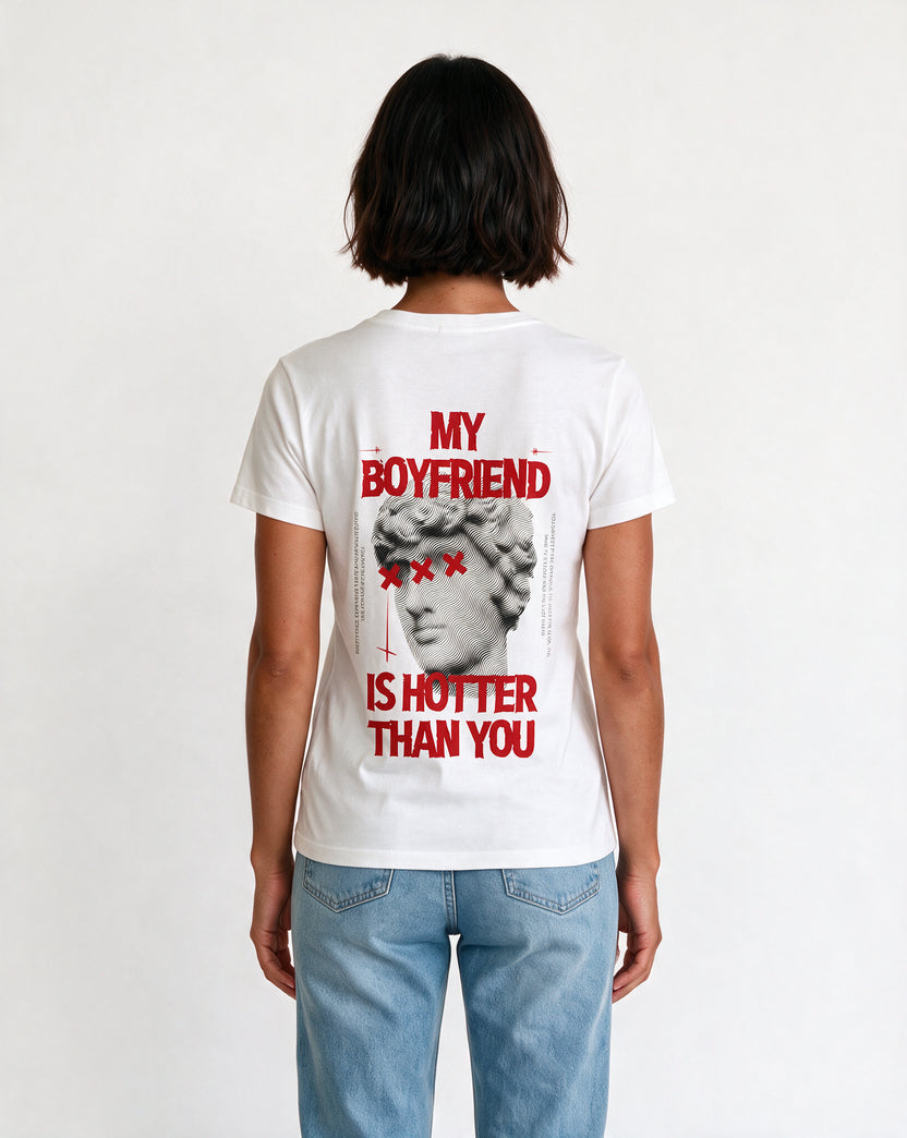 HOT BOYFRIEND oversized graphic tee on model, studio lifestyle photograph, back print