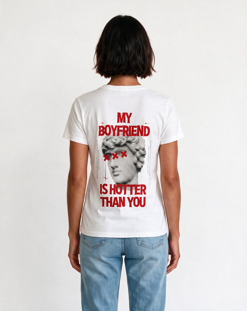 HOT BOYFRIEND oversized graphic tee on model, studio lifestyle photograph, back print