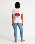 JUST KISS ME oversized graphic tee on model, studio lifestyle photograph, back print