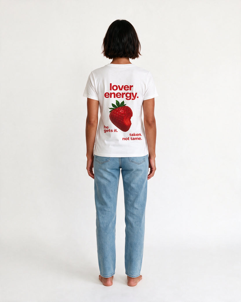 LOVER ENERGY oversized graphic tee on model, studio lifestyle photograph, back print