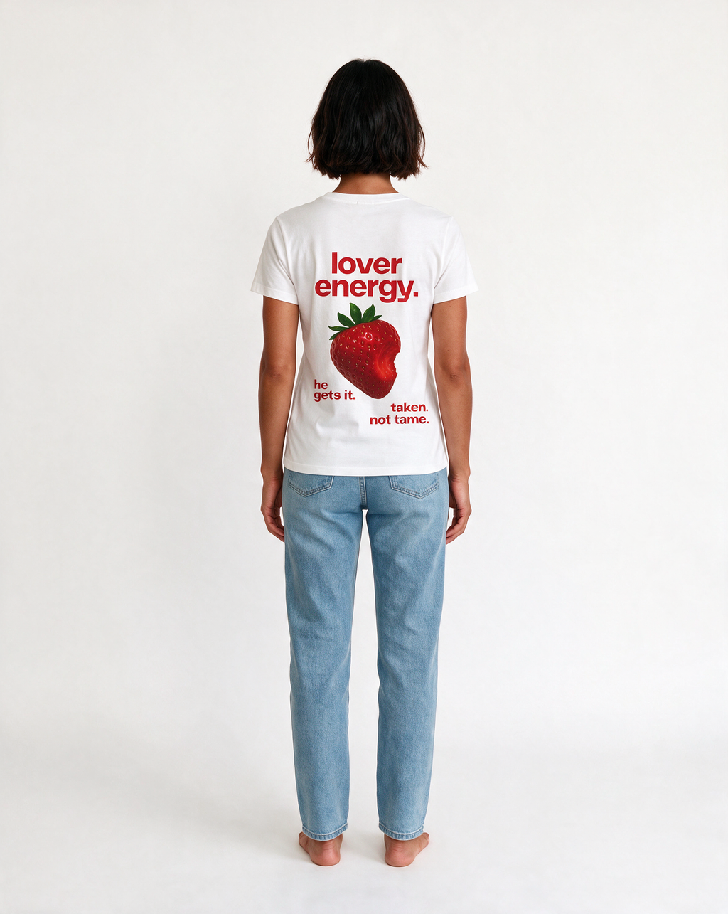 LOVER ENERGY oversized graphic tee on model, studio lifestyle photograph, back print