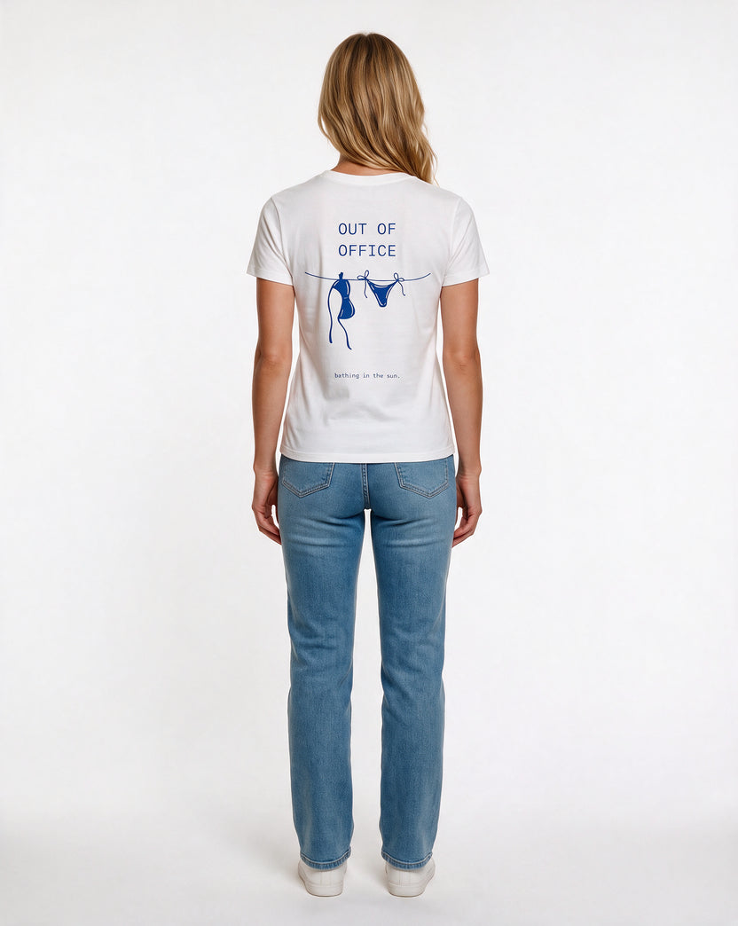 OUT OF OFFICE oversized graphic tee on model, studio lifestyle photograph, back print