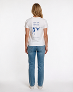 OUT OF OFFICE oversized graphic tee on model, studio lifestyle photograph, back print