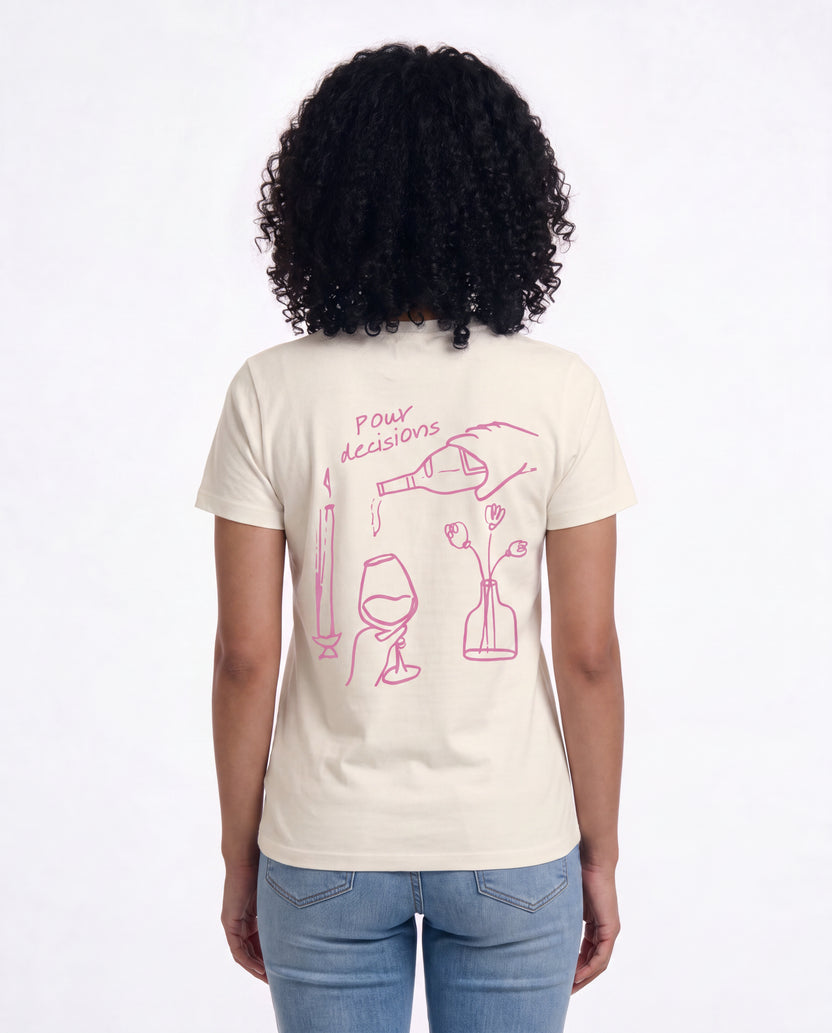 POUR DECISIONS oversized graphic tee on model, studio lifestyle photograph, back print