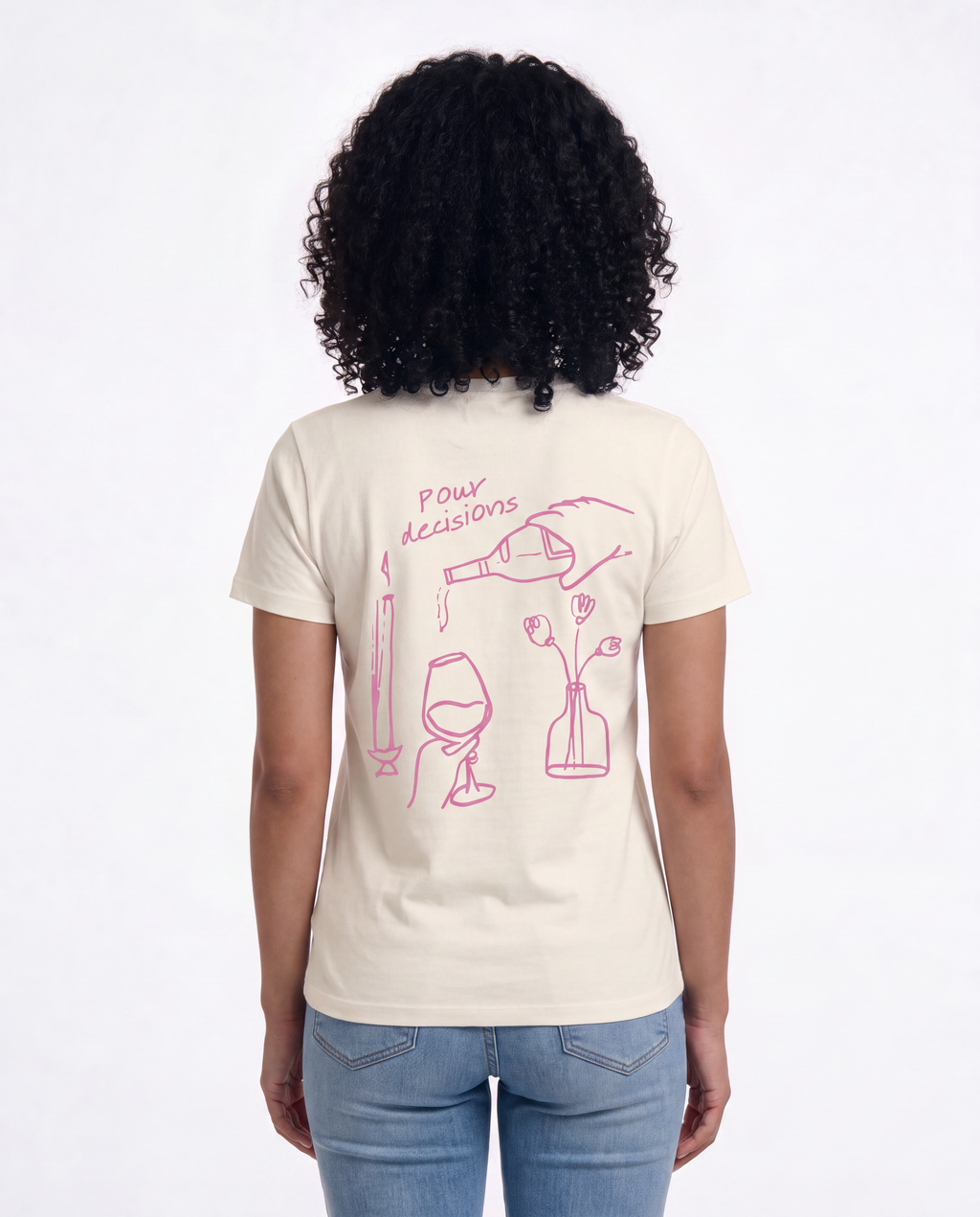 POUR DECISIONS oversized graphic tee on model, studio lifestyle photograph, back print