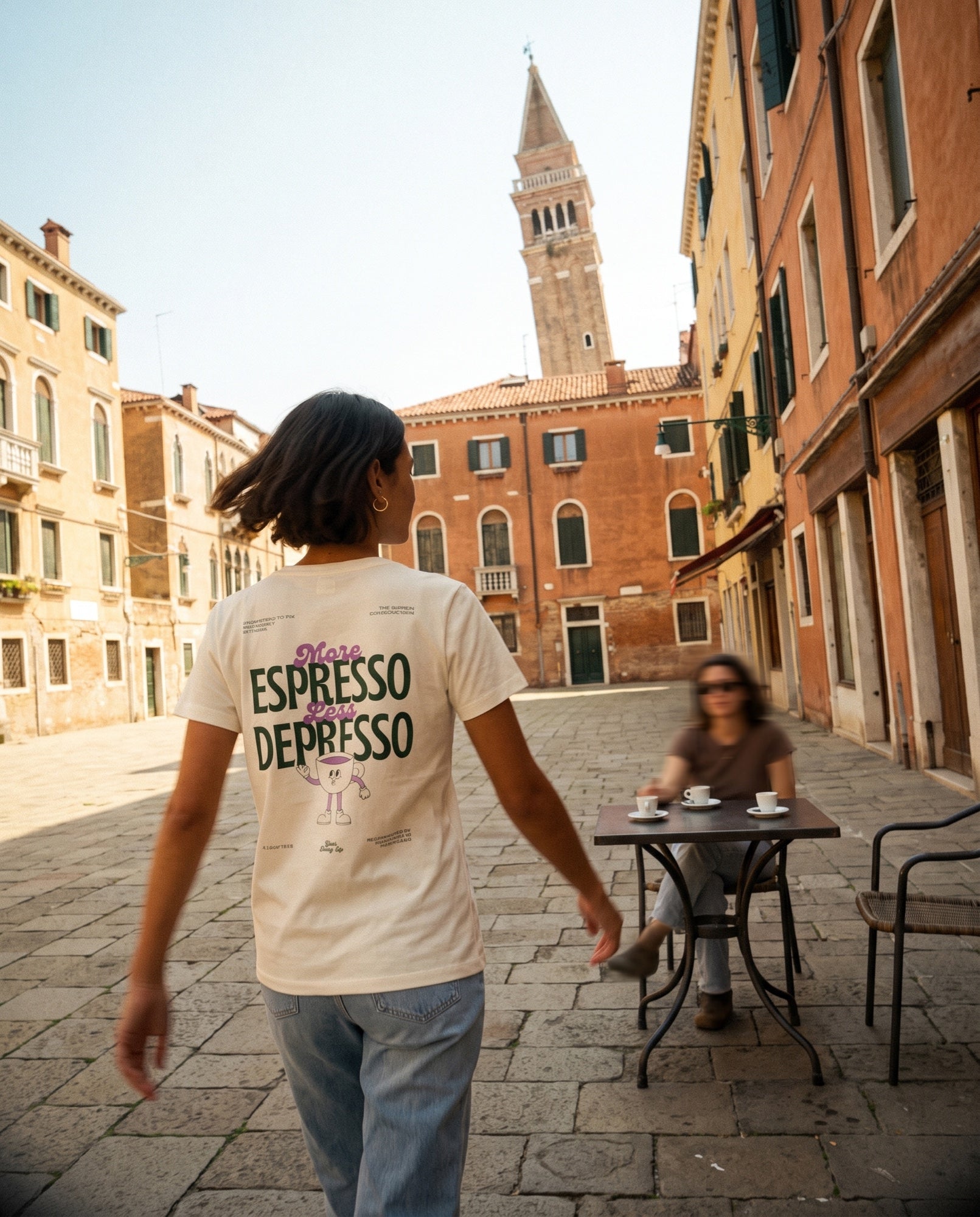 Brunch Division — More Espresso Less Depresso tee crossing a Venetian square