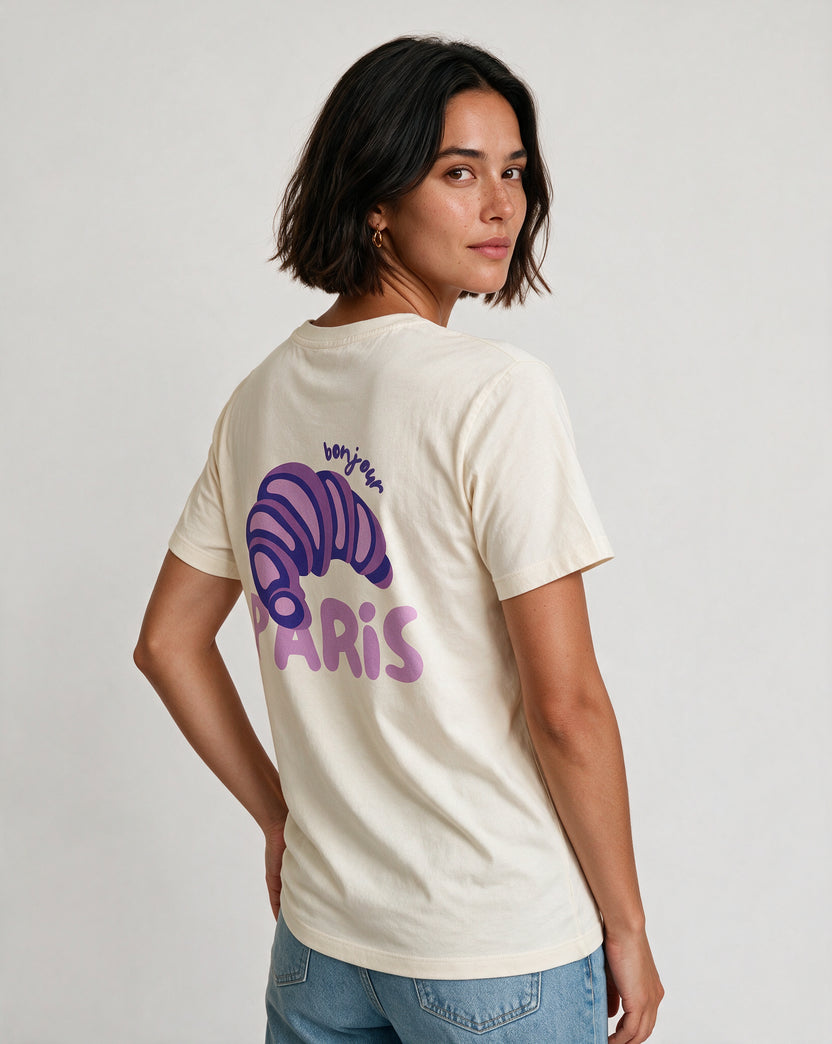 BONJOUR PARIS oversized graphic tee on model, studio lifestyle photograph, three-quarter back