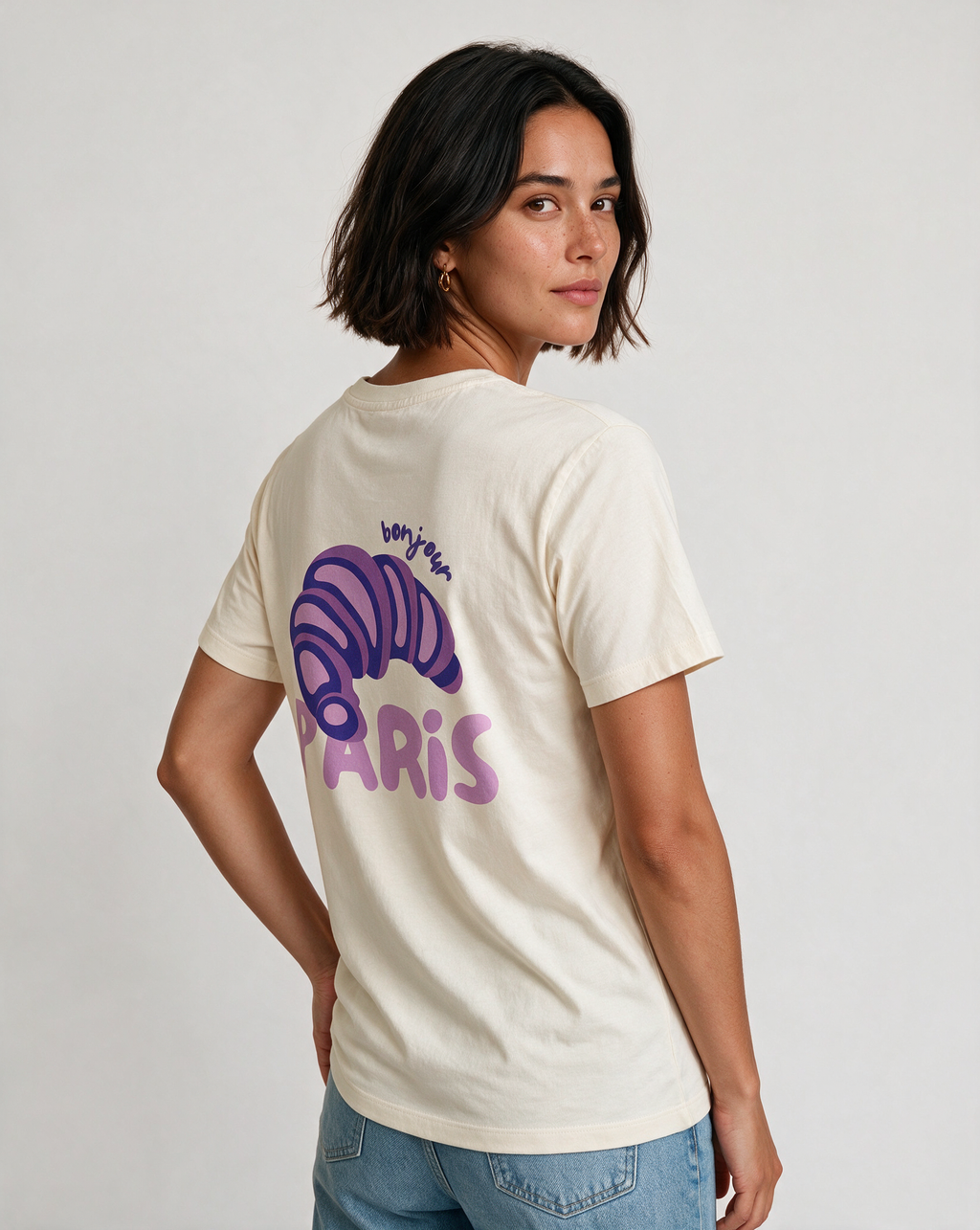 BONJOUR PARIS oversized graphic tee on model, studio lifestyle photograph, three-quarter back