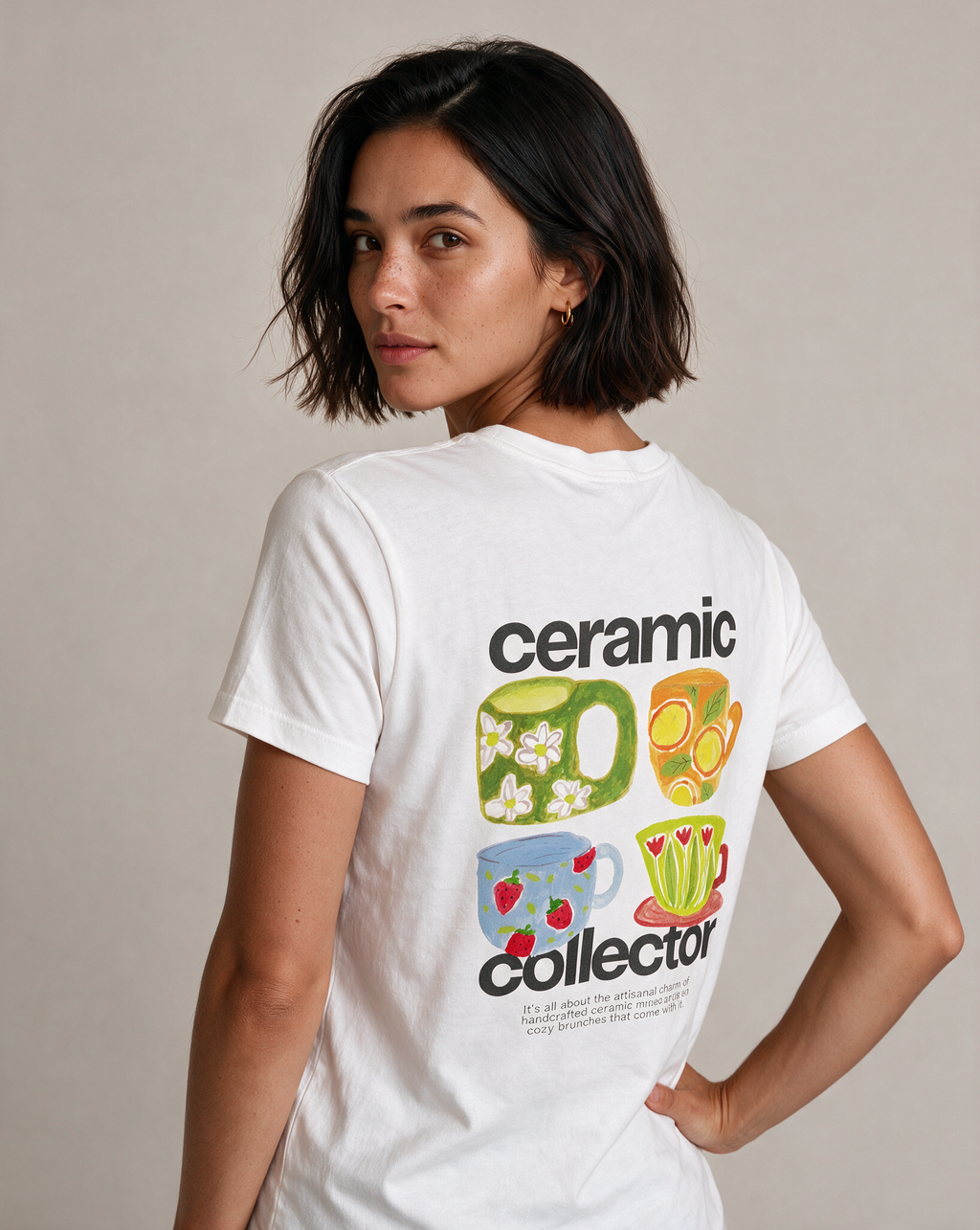 CERAMIC LOVER oversized graphic tee on model, studio lifestyle photograph, three-quarter back