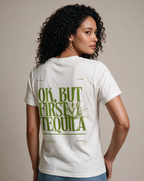 FIRST TEQUILA oversized graphic tee on model, studio lifestyle photograph, three-quarter back