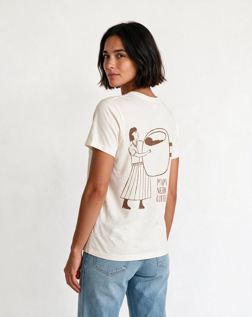 MAMA NEEDS COFFEE oversized graphic tee on model, studio lifestyle photograph, three-quarter back