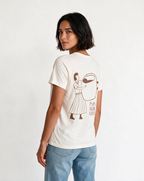 MAMA NEEDS COFFEE oversized graphic tee on model, studio lifestyle photograph, three-quarter back