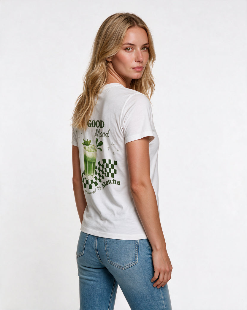 MATCHA POWER oversized graphic tee on model, studio lifestyle photograph, three-quarter back
