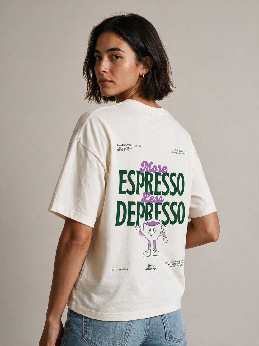 MORE ESPRESSO LESS DEPRESSO oversized graphic tee on model, studio lifestyle photograph, three-quarter back