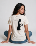CAT LOVER oversized graphic tee on model, studio lifestyle photograph, waist-up back print detail