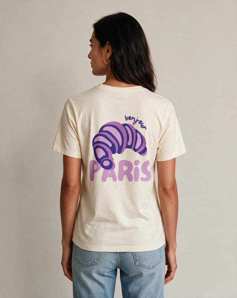 BONJOUR PARIS oversized graphic tee on model, studio lifestyle photograph, back print