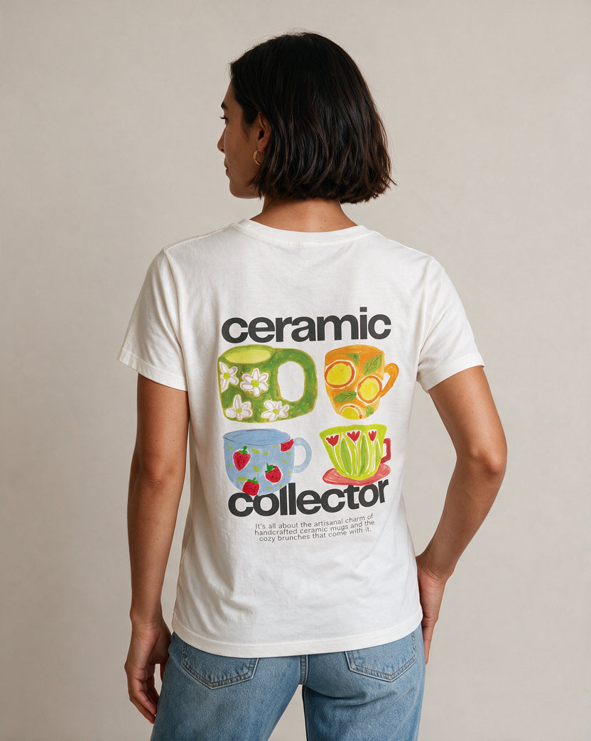 CERAMIC LOVER oversized graphic tee on model, studio lifestyle photograph, back print