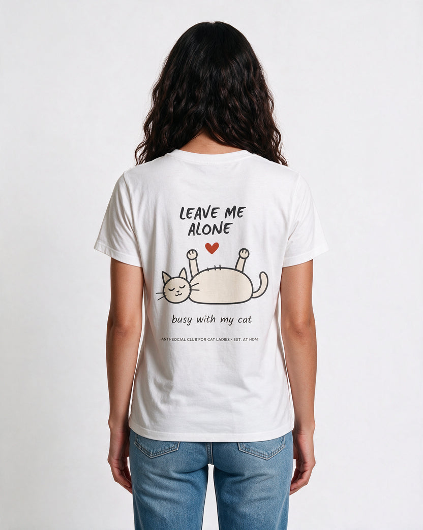 LEAVE ME ALONE oversized graphic tee on model, studio lifestyle photograph, back print
