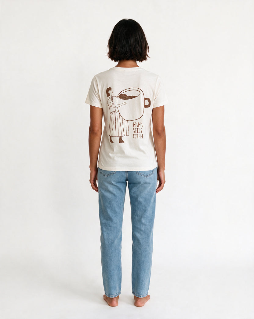 MAMA NEEDS COFFEE oversized graphic tee on model, studio lifestyle photograph, back print