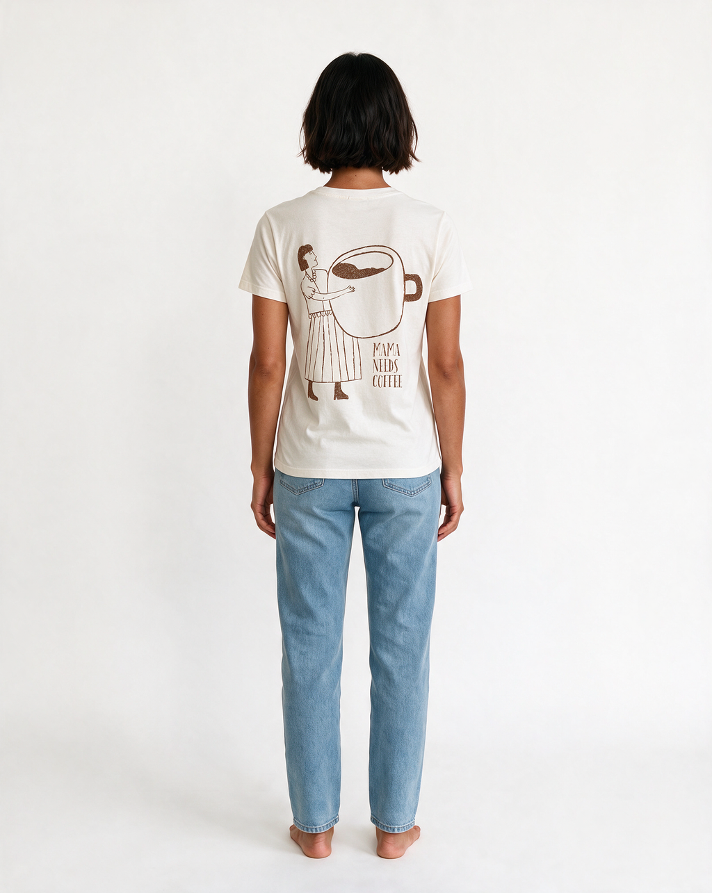 MAMA NEEDS COFFEE oversized graphic tee on model, studio lifestyle photograph, back print