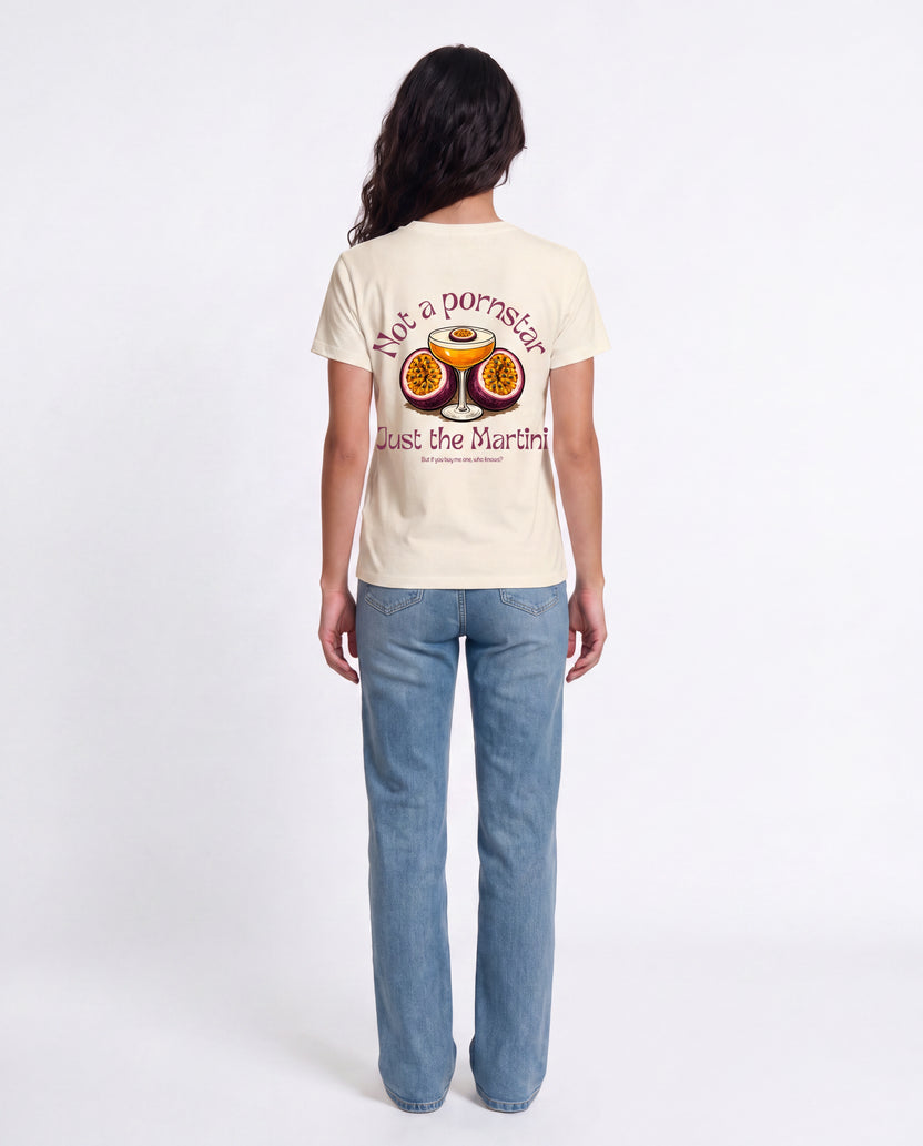 PORNSTAR oversized graphic tee on model, studio lifestyle photograph, back print