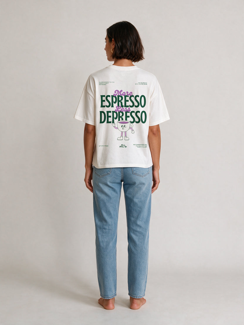 MORE ESPRESSO LESS DEPRESSO oversized graphic tee on model, studio lifestyle photograph, back print