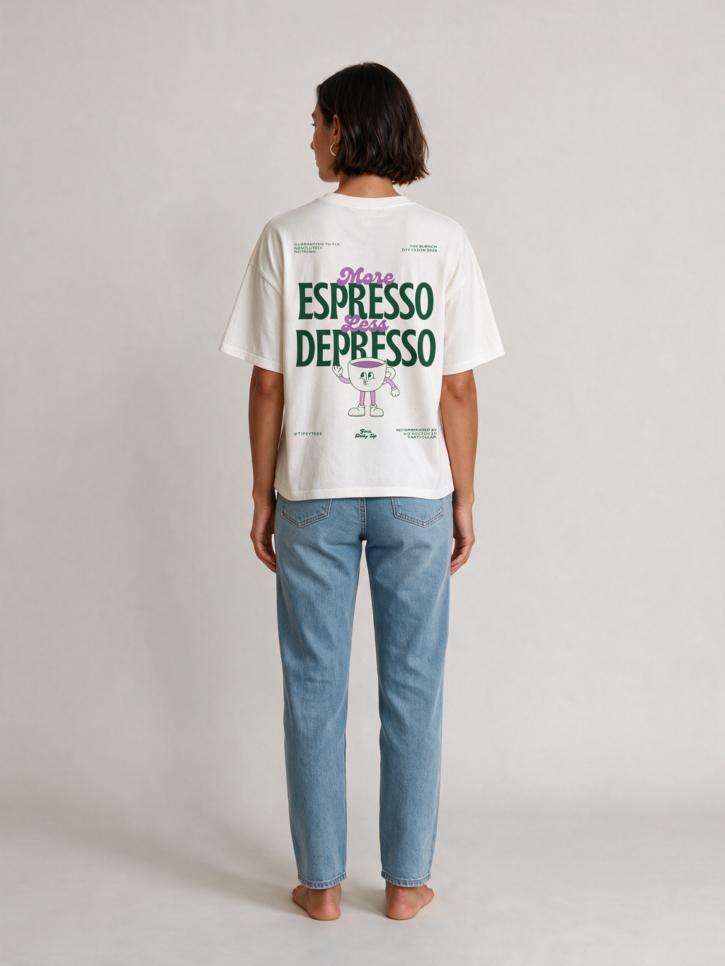 MORE ESPRESSO LESS DEPRESSO oversized graphic tee on model, studio lifestyle photograph, back print