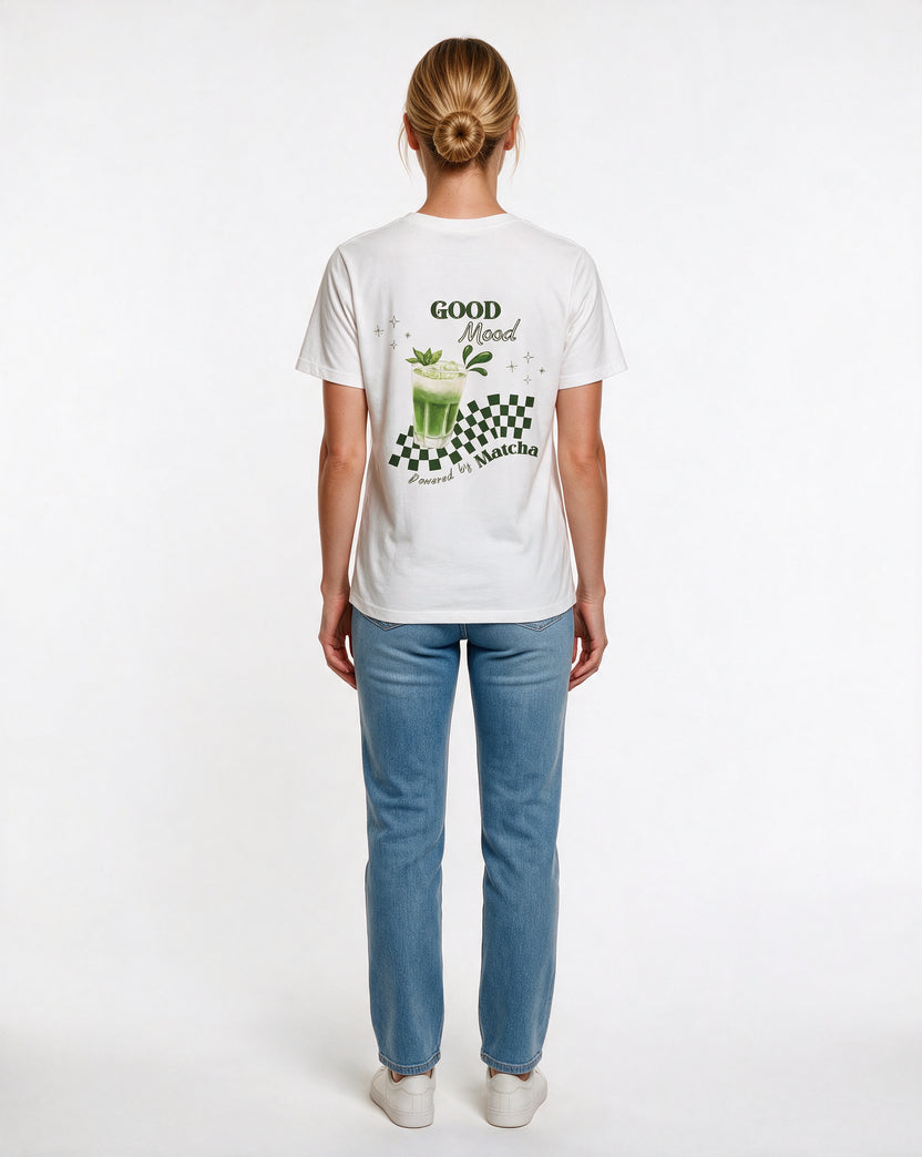MATCHA POWER oversized graphic tee on model, studio lifestyle photograph, back print