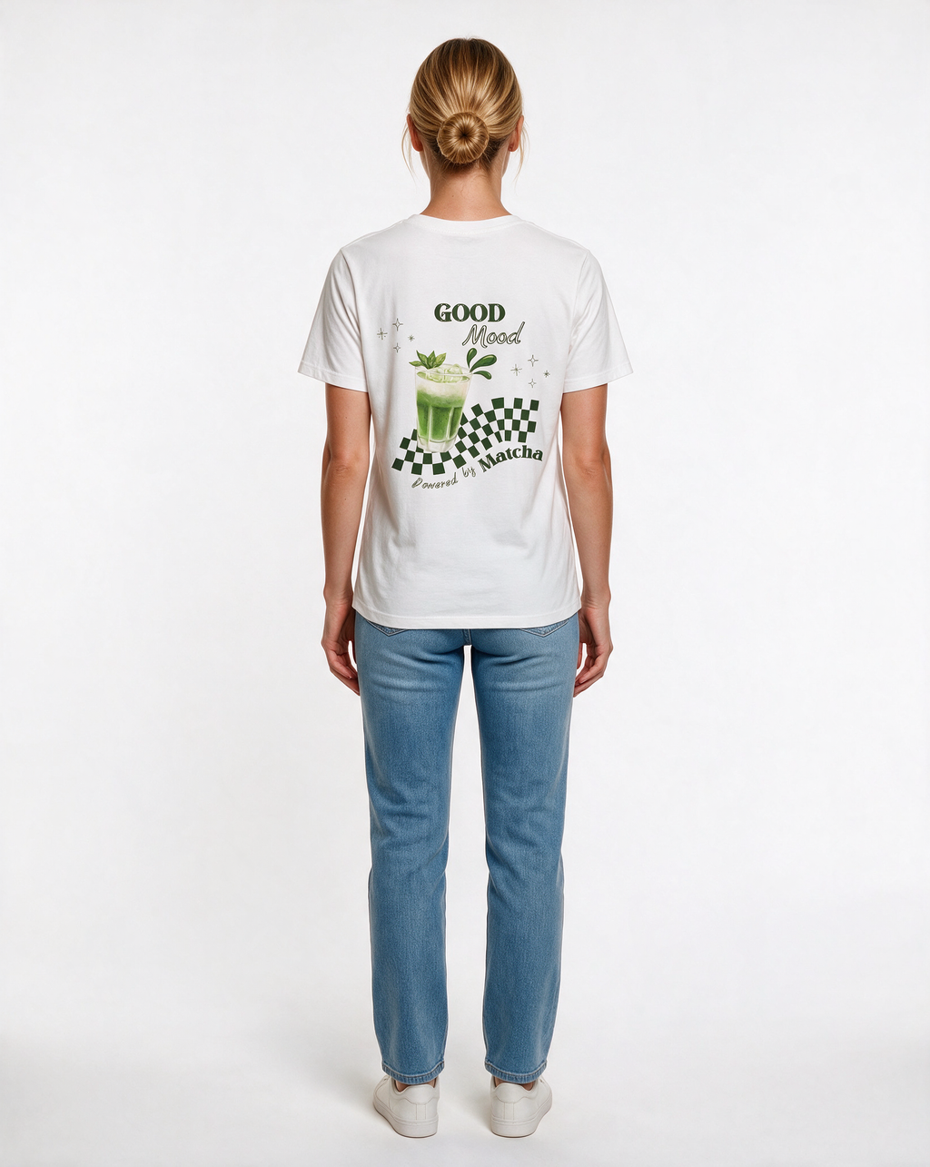 MATCHA POWER oversized graphic tee on model, studio lifestyle photograph, back print